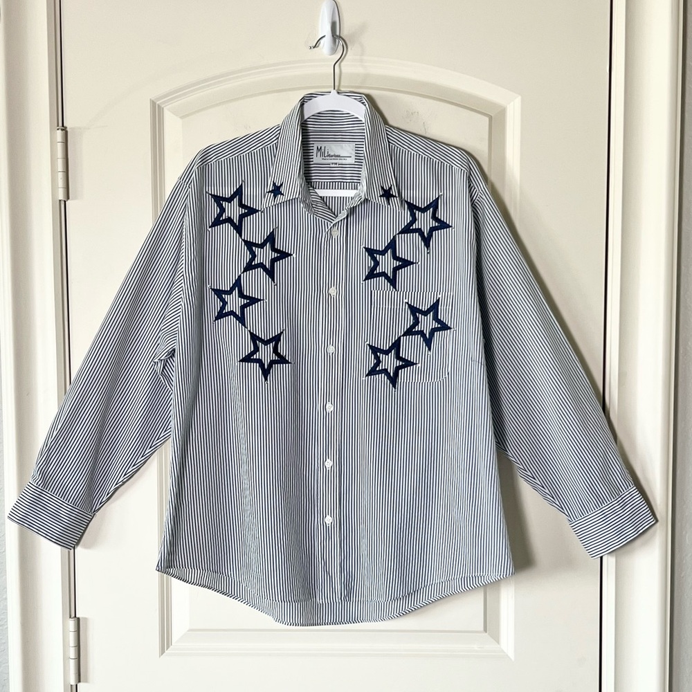 Mili Designs Star Embroidered Striped Button Up Shirt Rhinestones Size PM, Large